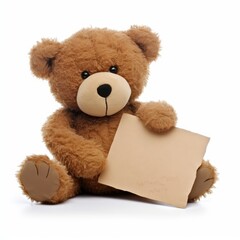 A brown teddy bear sitting on the ground with a blank paper in its paws. The bear is looking down at the paper and appears to be holding it in place with its front paws.