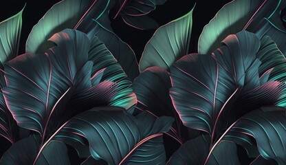 Tropical exotic seamless pattern with neon light color banana leaves, palm on night dark background. Premium hand-drawn textured vintage 3D illustration. Good for luxury wallpapers, Generative AI
 - obrazy, fototapety, plakaty