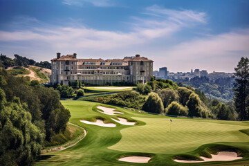 Obraz premium Golf club building and clear blue sky, Generative AI