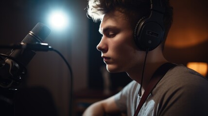 Indie Singer Male Caucasian Young Adult Writing and recording music for independent album release in Home studio. Generative AI AIG22. - obrazy, fototapety, plakaty
