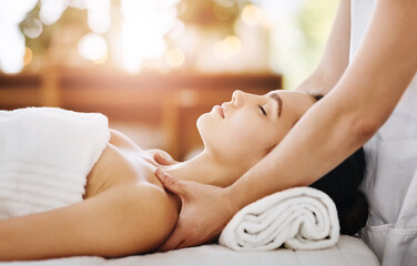 Skincare, beauty and massage with woman in spa for wellness, luxury and cosmetics treatment. Relax,...