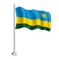 Rwanda Flag. Isolated Realistic Wave Flag of Rwanda Country on Flagpole.