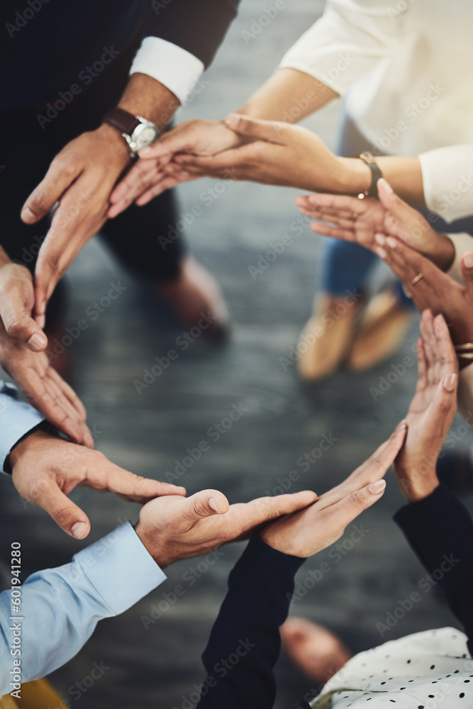 Poster teamwork, solidarity and business people with their hands together in a circle for unity. collaborat