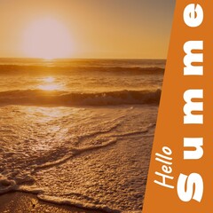 Fototapeta premium Composite of hello summer text and scenic view of seascape against clear sky during sunset