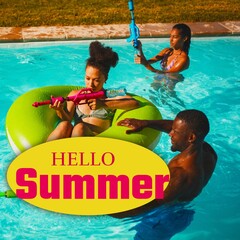 Composite of hello summer text and diverse friends with squirt guns enjoying in swimming pool