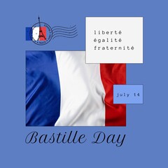 Composition of bastille day text over flag of france and eiffel tower
