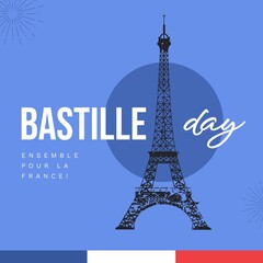 Composition of bastille day text over eiffel tower