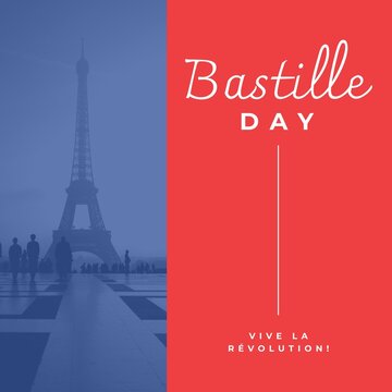 Composition of bastille day text over eiffel tower on red and blue background