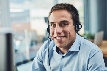 Businessman, call center and portrait smile with headphones in customer service, support or...