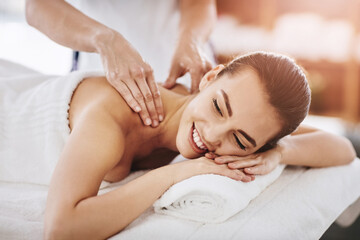 Relax, smile and massage with woman in spa for wellness, luxury and cosmetics treatment. Skincare, peace and zen with female customer and hands of therapist for physical therapy, salon and detox