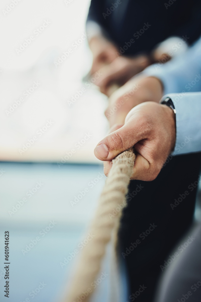 Poster hand, rope and business people with tug of war game for team building and collaboration, competition