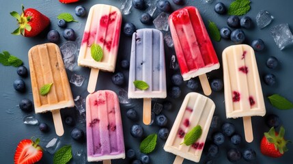 Different colored Ice cream popsicles with fruit berries - close up photo created using generative AI tools