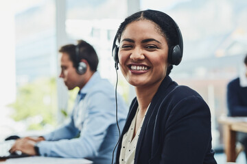 Business woman, call center and portrait smile with headphones in customer service, support or...