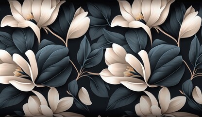 Obraz na płótnie Canvas Premium wallpaper, mural art. Floral seamless pattern, magnolia flowers, tropical design in dark blue colors. Watercolor 3d illustration, Generative AI 
