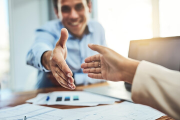 Business people, handshake and meeting for partnership, b2b or deal agreement at the office. Businessman shaking hands in greeting, welcome or hiring in recruitment, teamwork or growth at workplace
