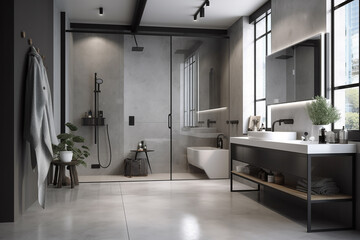 Modern bathroom, polished concrete wall, floor, white marble vanity counter, washbasin, shower with reeded glass partition and washing machine, for interior design with generative AI technology