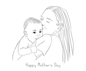 mother's day, cute baby and mom digital sketch, digital drawing vector illustration