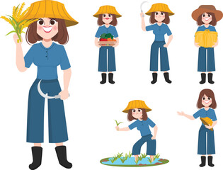 Set of woman farmer character working in the farm. Vector people character.