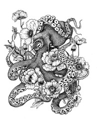 Octopus with flowers illustration drawing  © saranya