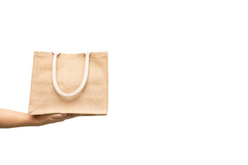 Man holding jute bag or sack bag on white background. Reusable shopping bag. Plastic free. Eco friendly concept. Sack bag for reusable shopping lifestyles, ecology business concept.