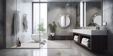 Modern bathroom, polished concrete wall, floor, white marble vanity counter, washbasin, shower with reeded glass partition and washing machine, for interior design with generative AI technology