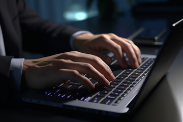 Business man hand typing ob laptop computer keyboard on office desk with generative AI technology