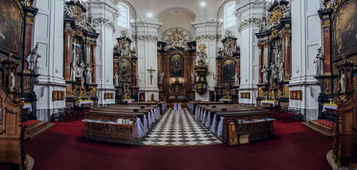 Interior of a historic church in Europe. Panoramic view of a beautiful gothic church. 