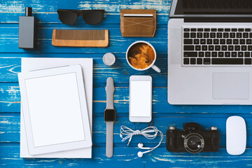 Flat lay table top men accessories with blank screen mobile devices mockup © belekekin