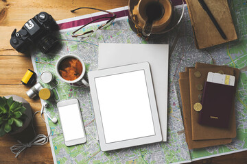 Travel concept flat lay, blank screen smart devices mockup