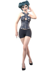 3D Anime girl with blue hair in summer outfit