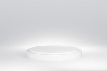 White round podium on a white background. 3d rendering, 3d illustration.