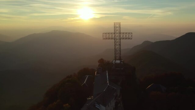 Sunrise vivid colorful aerial of a Sanctuary on the summit of a mountain Italy Sanctuary of Our Lady 'del Monte Sacro'
