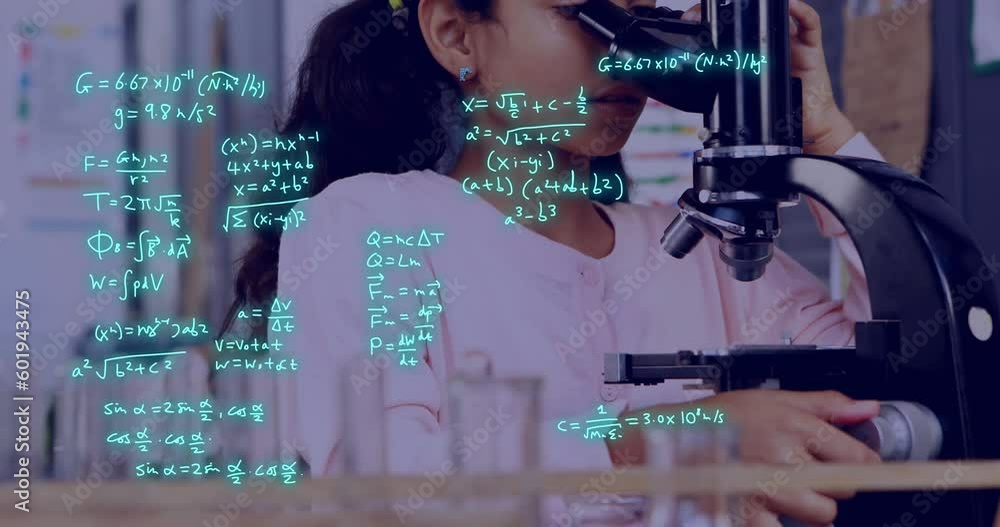 Poster animation of data processing over biracial female student using microscope