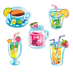 Set of five refreshing healthy drinks.