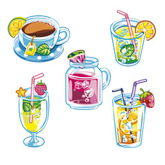 Set of five refreshing healthy drinks.