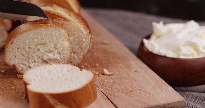 soft fresh long french bread in the kitchen, cooking using wheat baguette