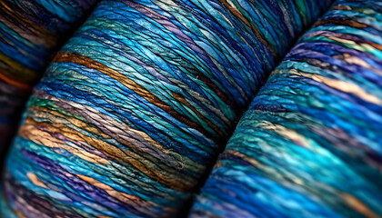 Macro of variegated blue spool of yarn texture