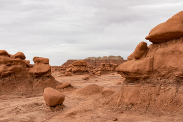 Close up view on unique eroded Hoodoo Rock Formations at Goblin Valley State Park in Utah, USA,...