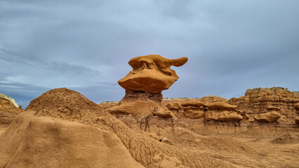Close up view on unique eroded Hoodoo Rock Formations at Goblin Valley State Park in Utah, USA,...