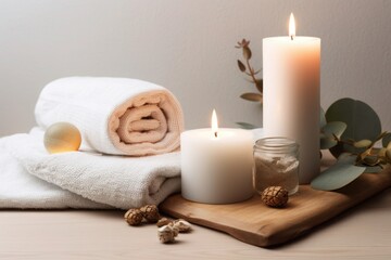  a white towel sitting on top of a table next to a candle, a picture, white studio background, stone, cedar, spanish, wallpaper. Generative ai