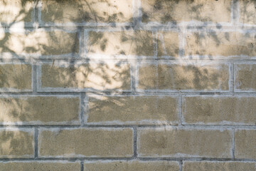 Building exterior, textured brick wall background with sunbeam and shadows..