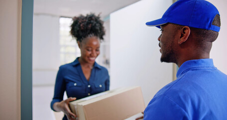 Happy Young Woman Accepting Cardboard Box