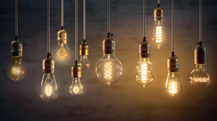 Light bulbs, hanging, ceiling, illumination, brightness, incandescent, fluorescent, LED, energy-saving, ambiance, decor, electricity, power, wires, sockets, modern, contemporary, vintage, industrial,  - obrazy, fototapety, plakaty