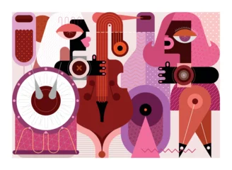 Peel and stick wall murals Abstract Art Wine and music vector illustration. A man playing contrabass, woman listen a music and drink wine.