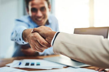 Businessman, handshake and meeting for partnership, deal or b2b agreement at the office. Business people shaking hands for greeting, welcome or hiring in recruitment, teamwork or growth at workplace