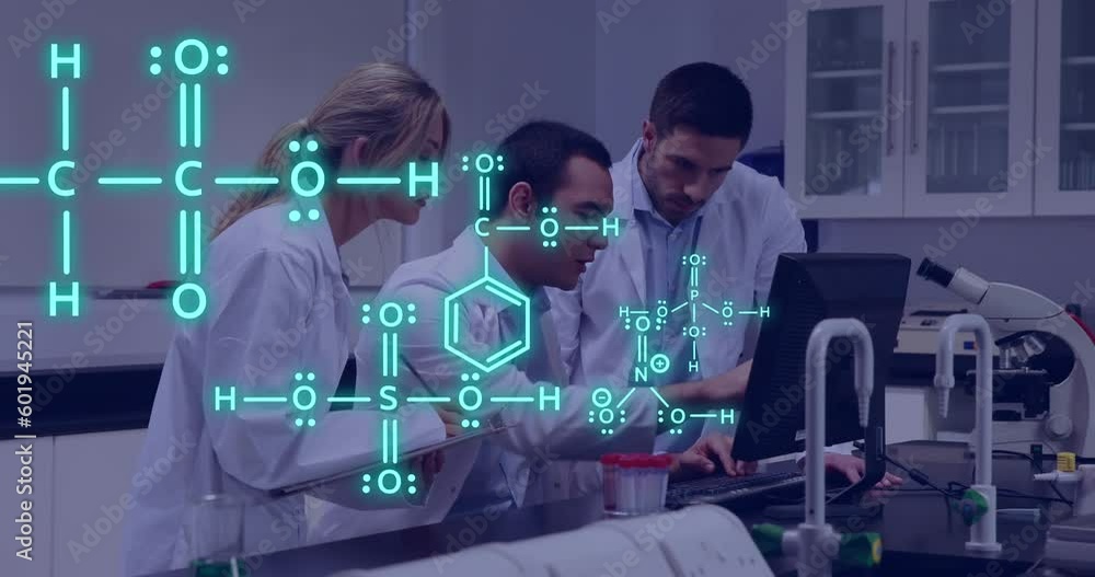 Poster animation of equations and data processing over diverse scientists in laboratory
