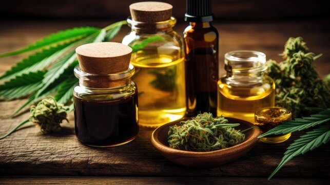 medical cannabis product and hemp leafs, CBD oil product photos created using generative AI tools