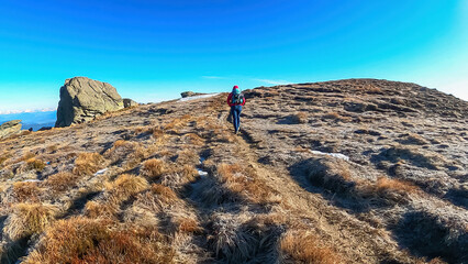 Woman hiking on frozen alpine meadow from Ladinger Spitz to Gertrusk, Saualpe, Lavanttal Alps,...