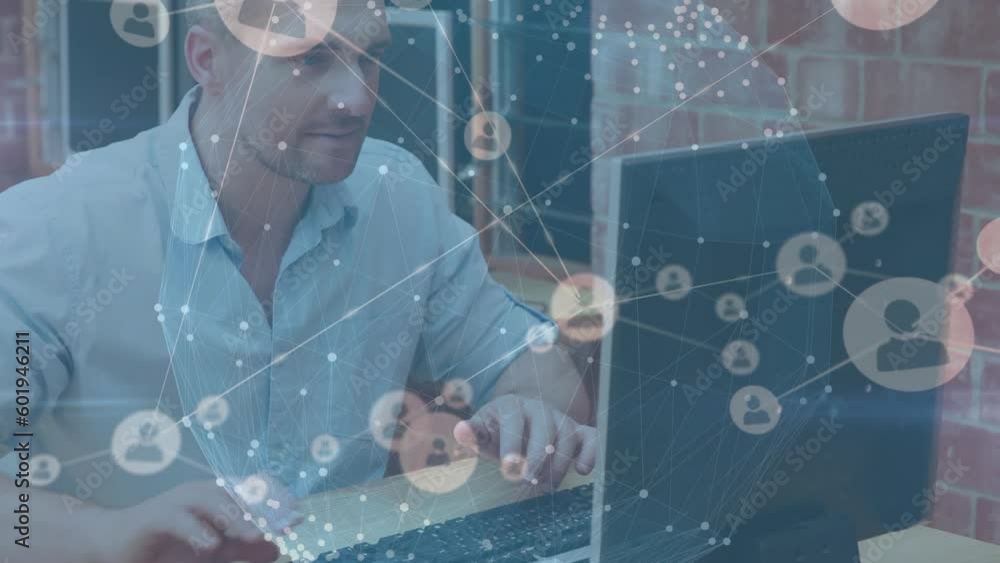 Poster animation of globe and ata processing over caucasian male student with computer