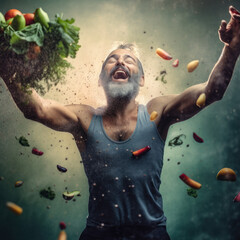 Obraz na płótnie Canvas Joyful Middle Age Man Celebrating with Salad, Vegetables in Air - Healthy Eating Concept Created with Generative AI and Other Techniques